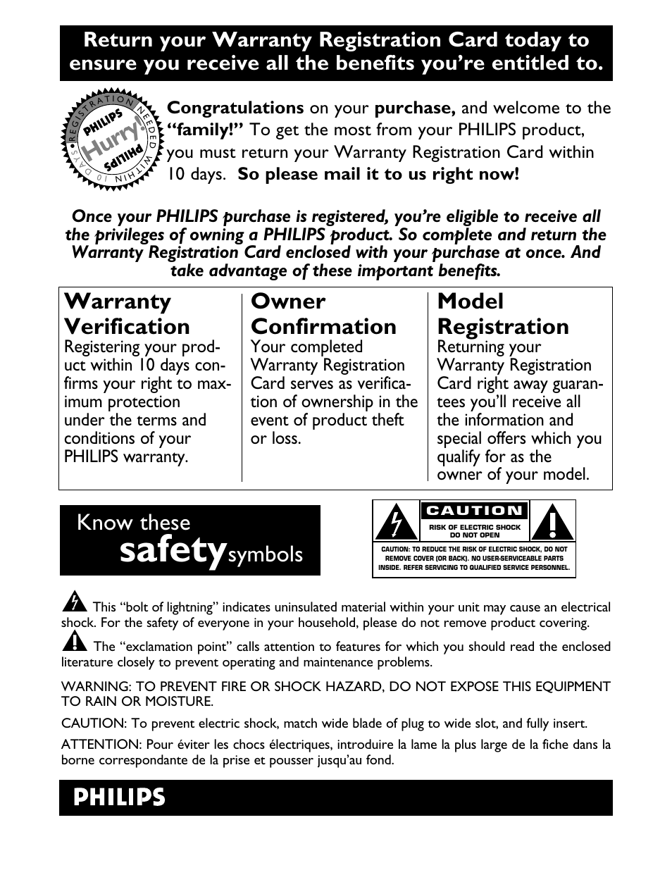 Safety, Hurry, Know these | Symbols, Warranty verification, Owner confirmation, Model registration | Philips 20PS40S User Manual | Page 2 / 34