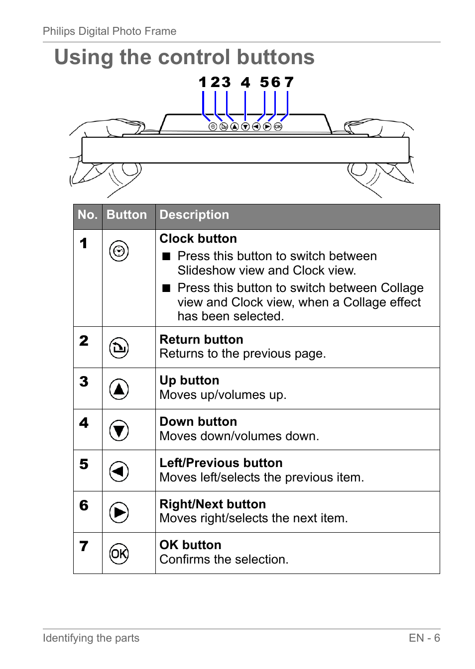 Using the control buttons, For det | Philips SPF3010C-G7 User Manual | Page 11 / 46