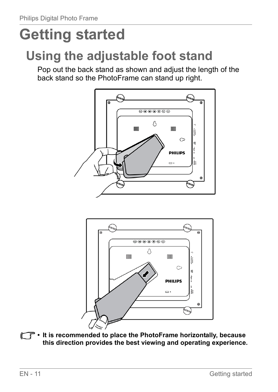 Getting started, Using the adjustable foot stand | Philips SPF3010C-G7 User Manual | Page 16 / 46