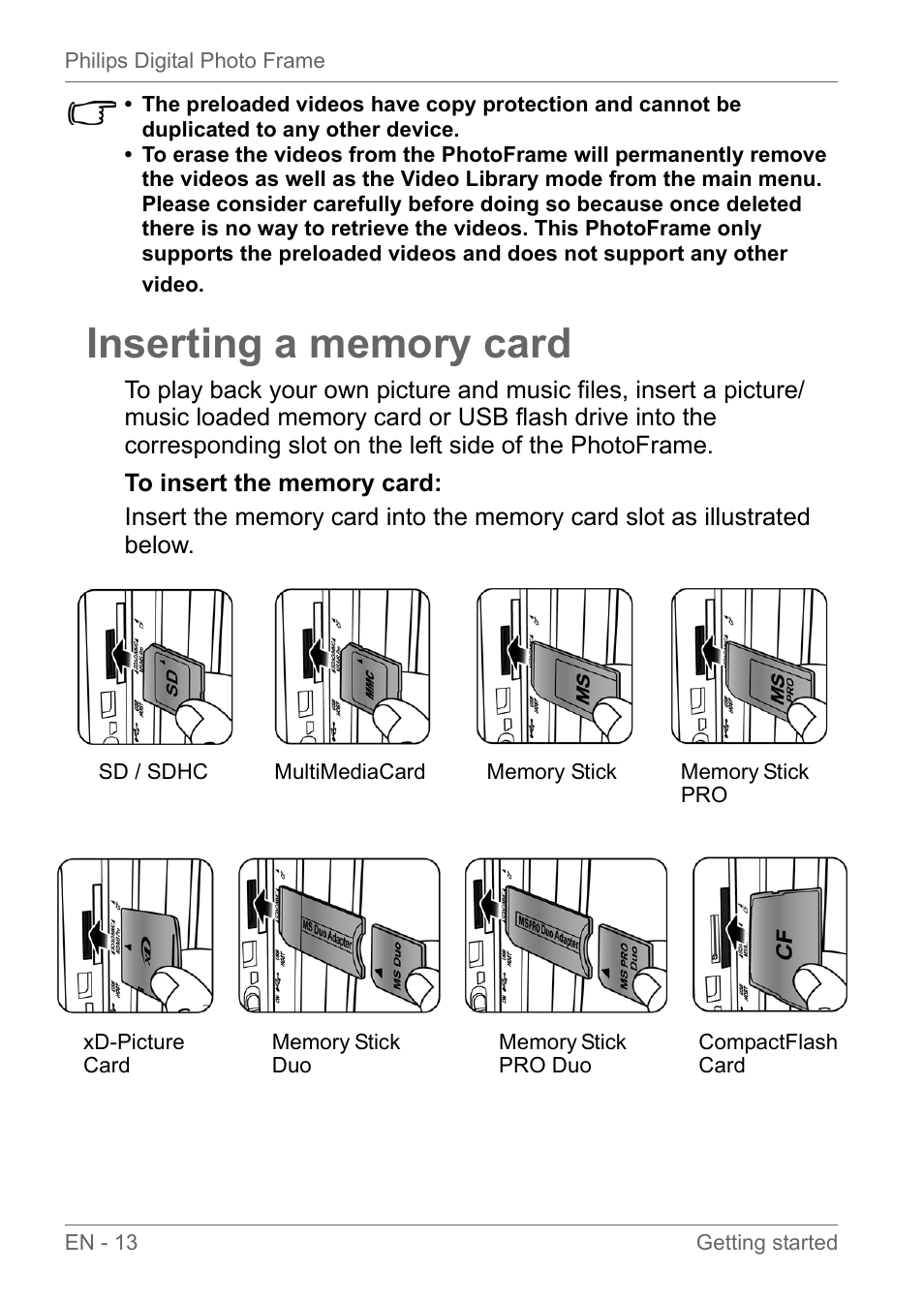 Inserting a memory card | Philips SPF3010C-G7 User Manual | Page 18 / 46