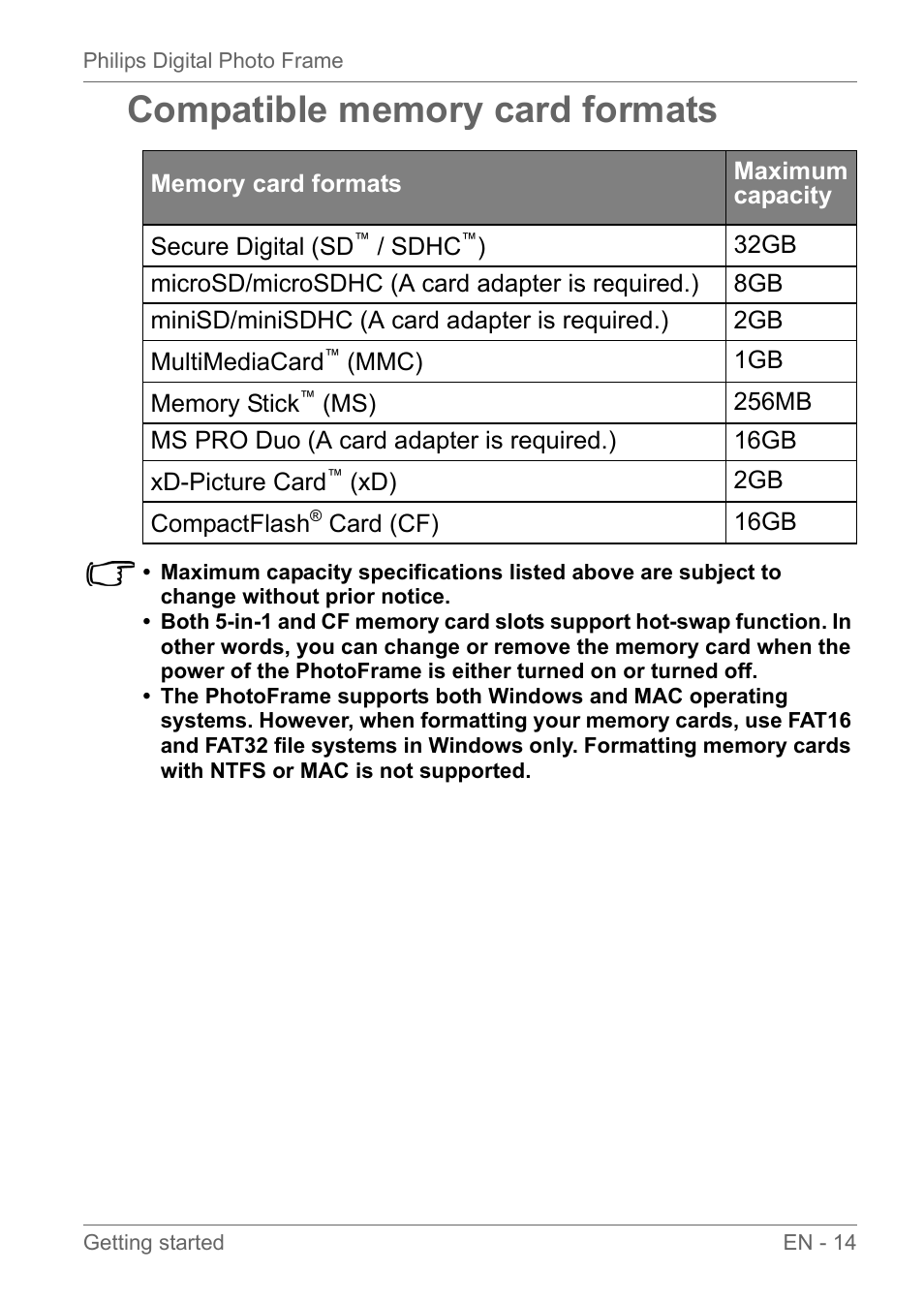 Compatible memory card formats | Philips SPF3010C-G7 User Manual | Page 19 / 46