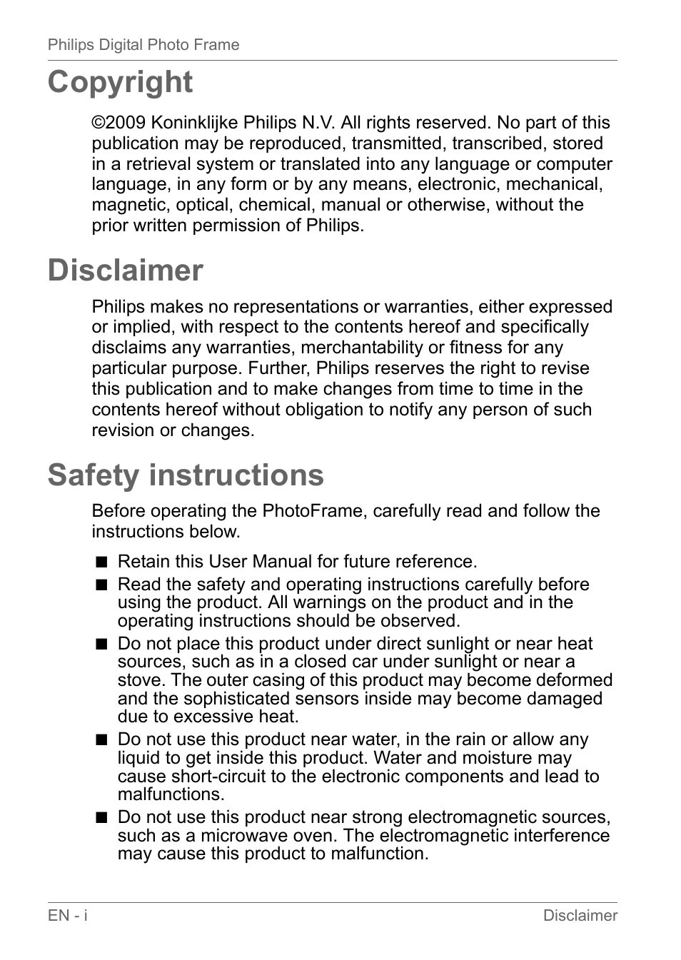 Copyright, Disclaimer, Safety instructions | Philips SPF3010C-G7 User Manual | Page 2 / 46