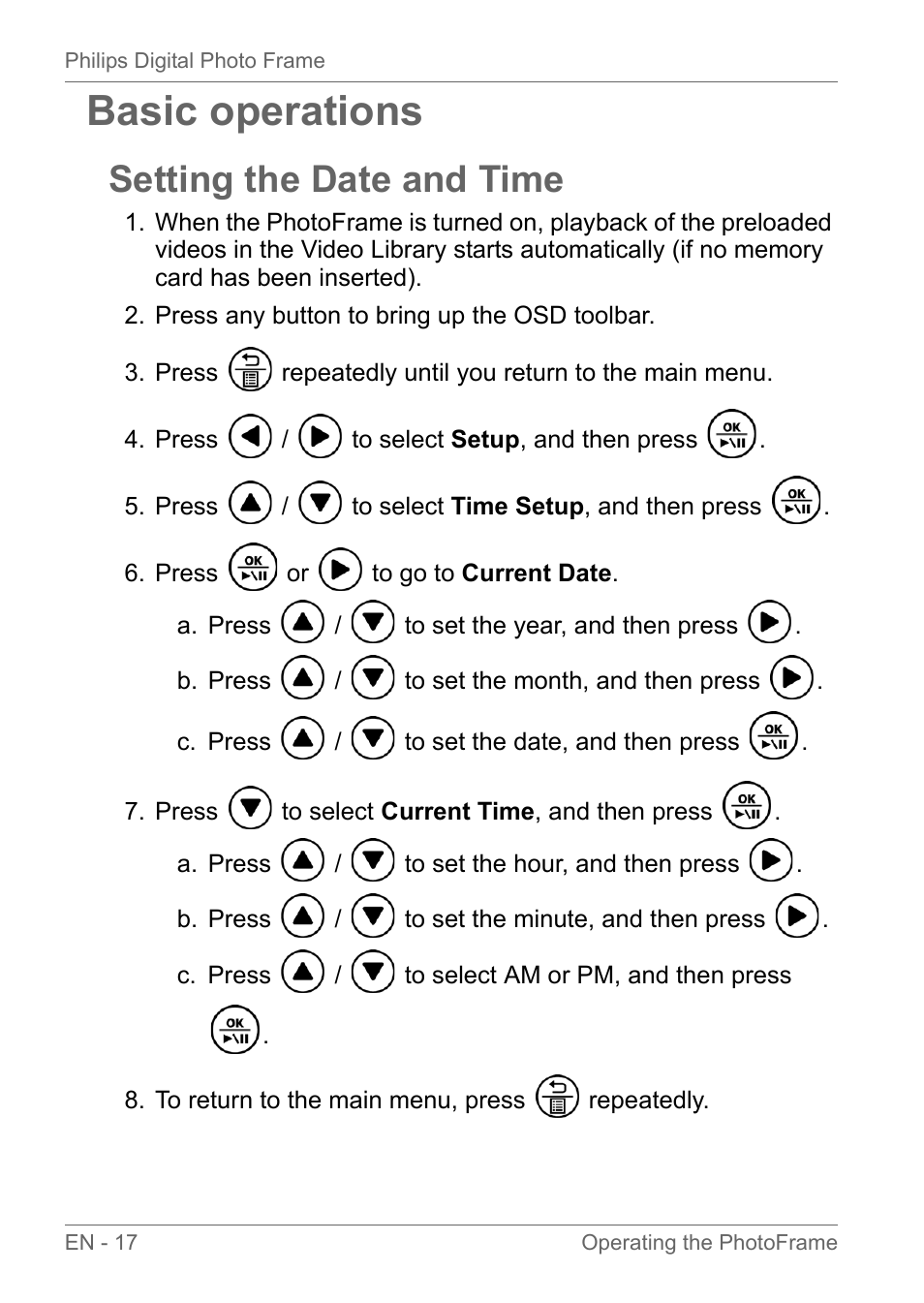 Basic operations, Setting the date and time | Philips SPF3010C-G7 User Manual | Page 22 / 46