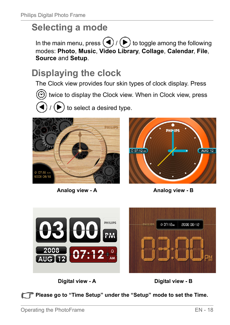 Selecting a mode, Displaying the clock, Selecting a mode displaying the clock | Philips SPF3010C-G7 User Manual | Page 23 / 46