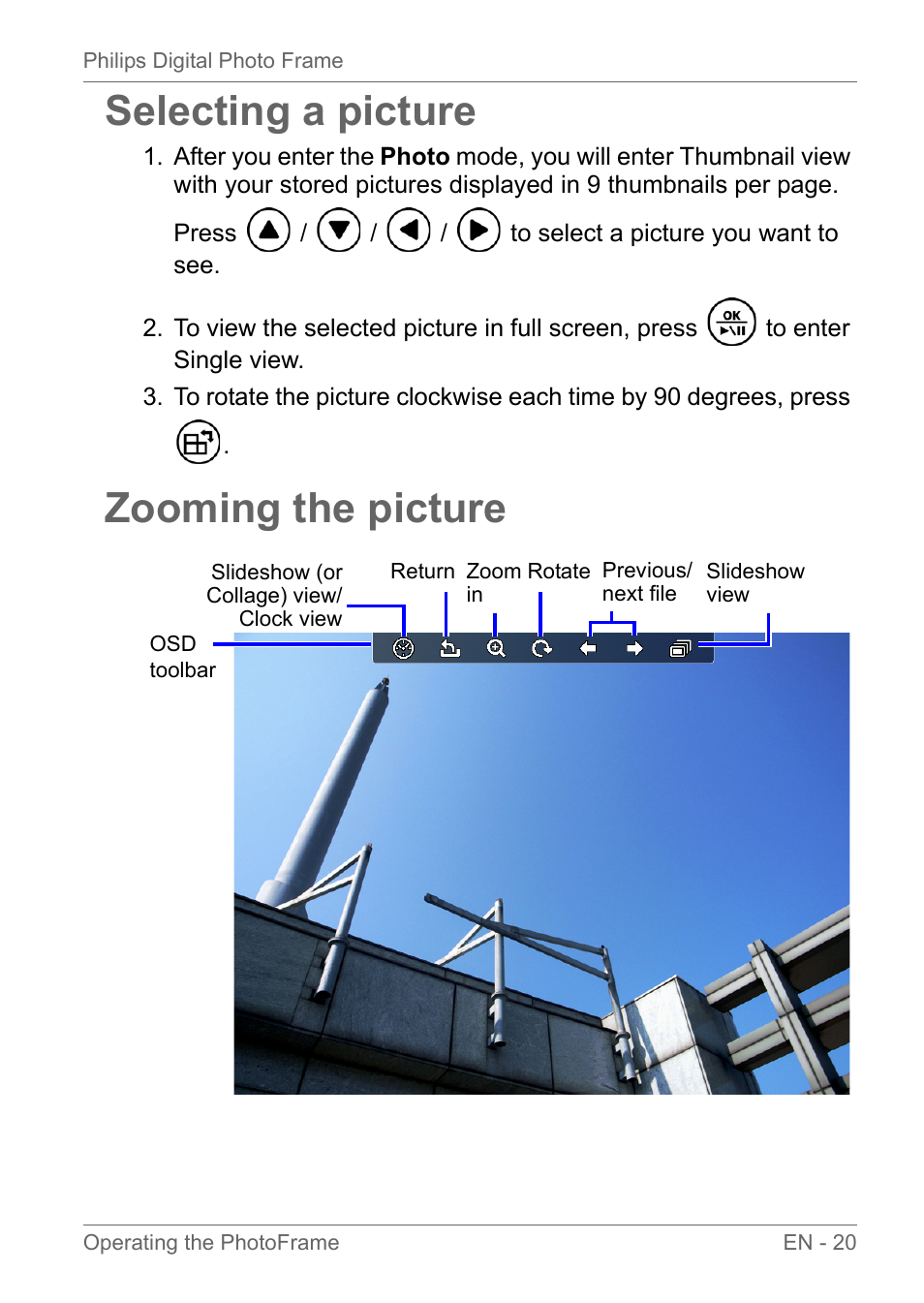 Selecting a picture, Zooming the picture, Selecting a picture zooming the picture | Philips SPF3010C-G7 User Manual | Page 25 / 46