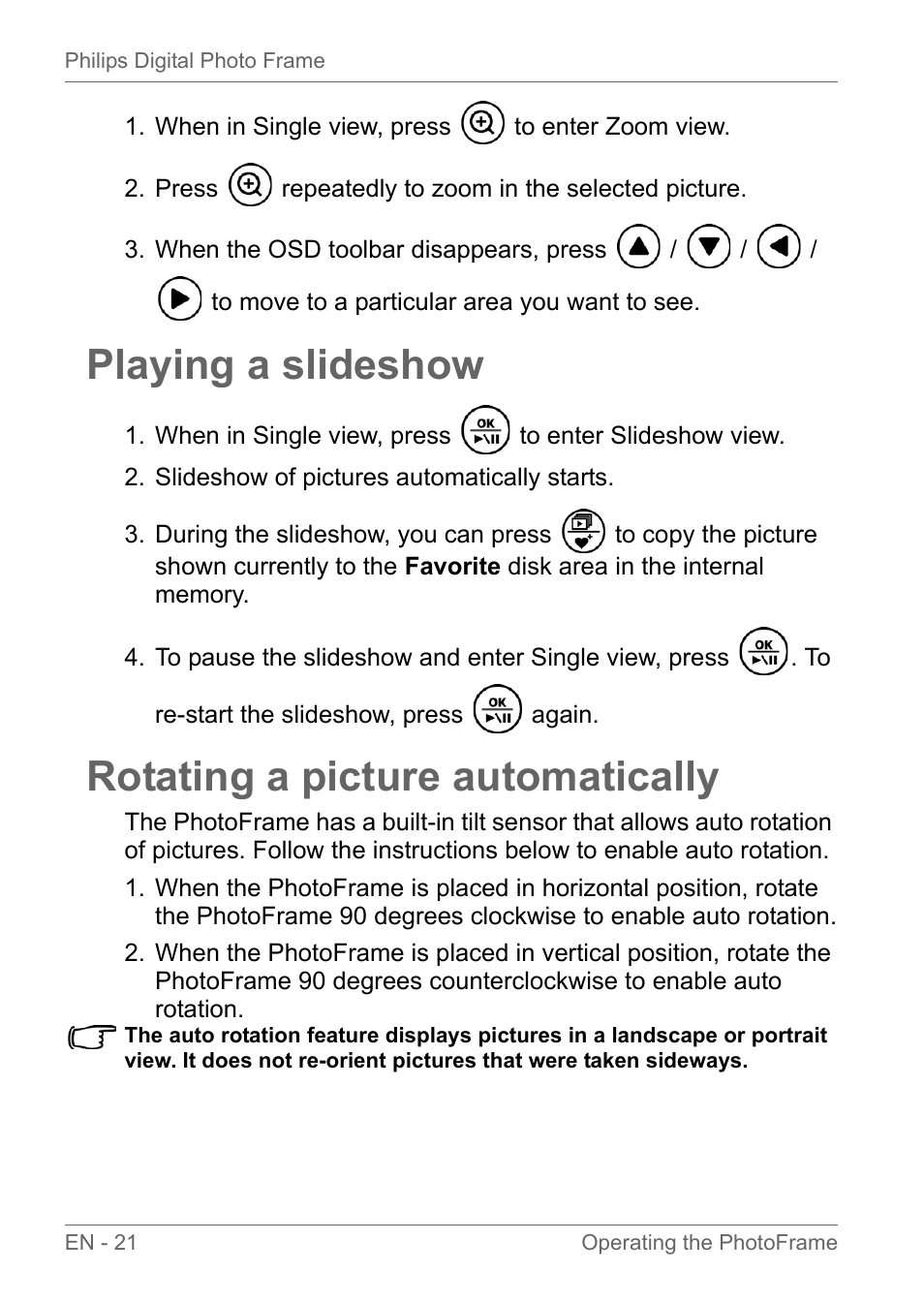 Playing a slideshow, Rotating a picture automatically | Philips SPF3010C-G7 User Manual | Page 26 / 46