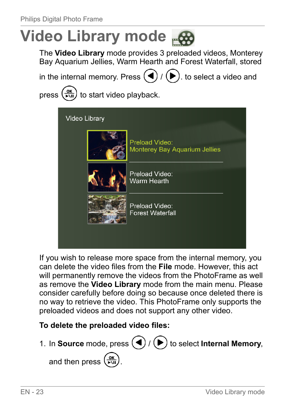 Video library mode | Philips SPF3010C-G7 User Manual | Page 28 / 46