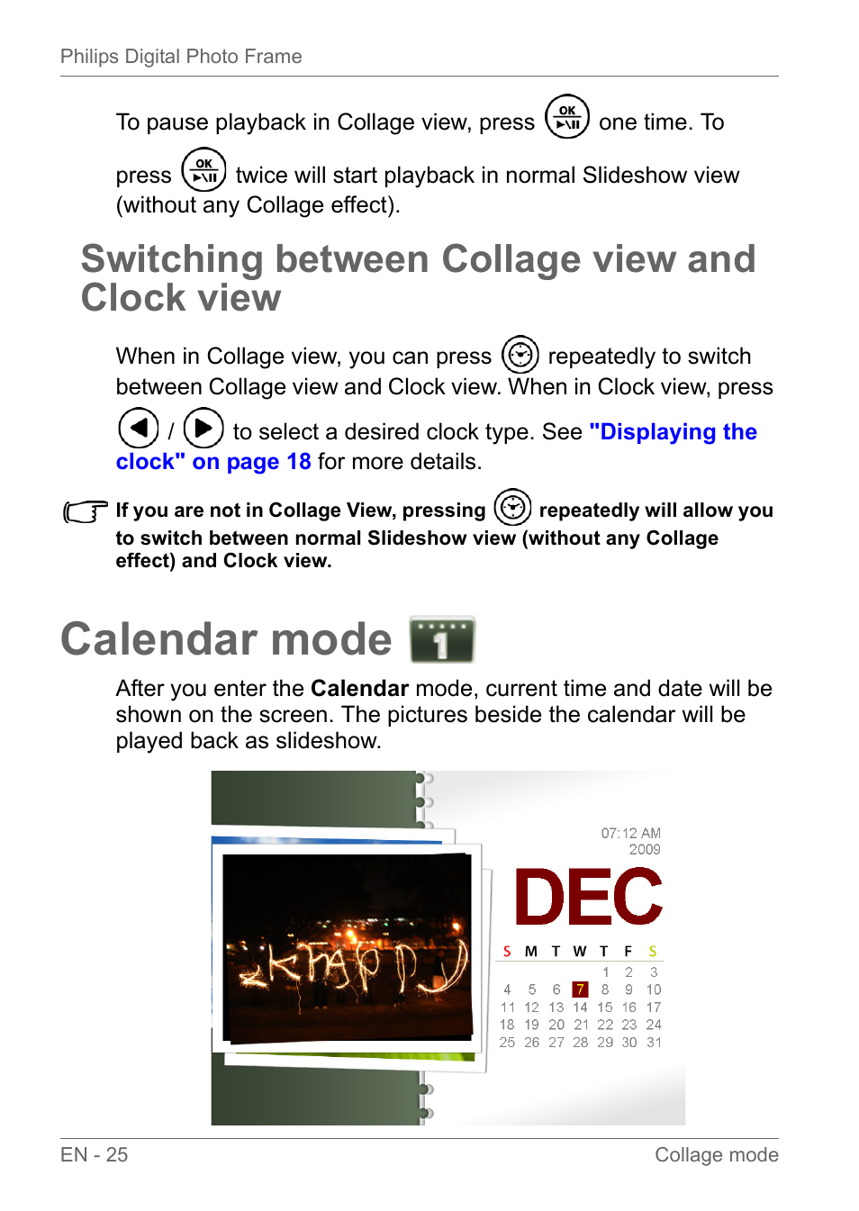 Switching between collage view and clock view, Calendar mode, Switching between collage view and clock view" on | Philips SPF3010C-G7 User Manual | Page 30 / 46