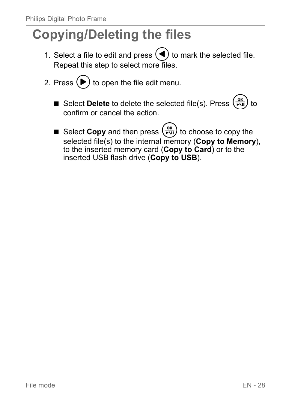 Copying/deleting the files | Philips SPF3010C-G7 User Manual | Page 33 / 46