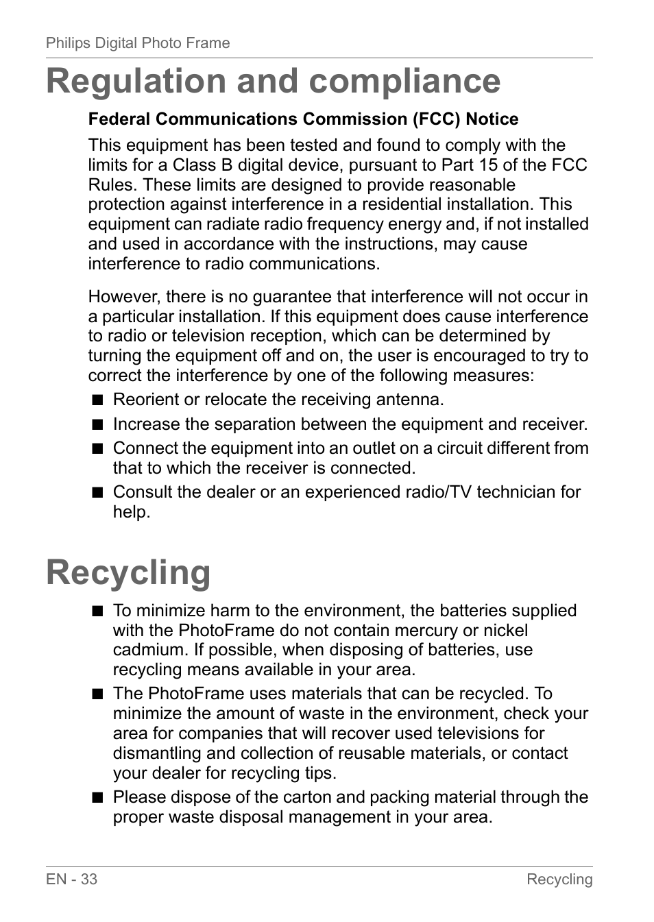 Regulation and compliance, Recycling | Philips SPF3010C-G7 User Manual | Page 38 / 46