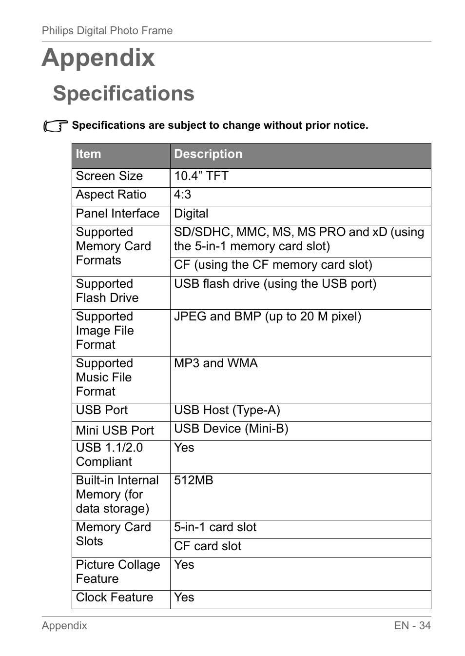 Appendix, Specifications | Philips SPF3010C-G7 User Manual | Page 39 / 46