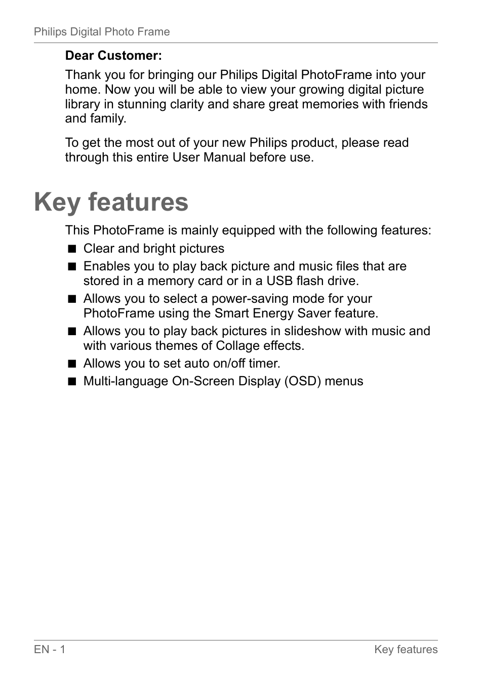 Key features | Philips SPF3010C-G7 User Manual | Page 6 / 46