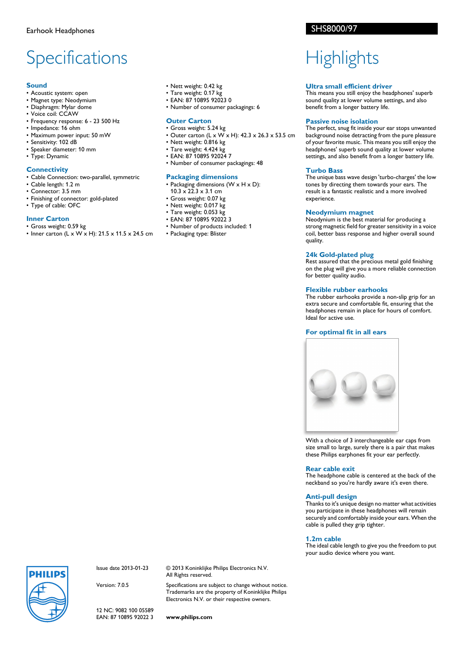 Specifications, Highlights | Philips SHS8000-97 User Manual | Page 2 / 2