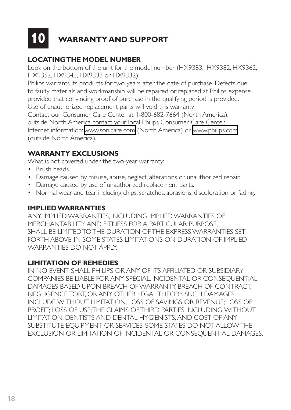 Warranty and support | Philips Sonicare DiamondClean Rechargeable sonic toothbrush HX9352-04 5 modes 2 brush heads Glass charger travel case Limited Black Edition User Manual | Page 18 / 52