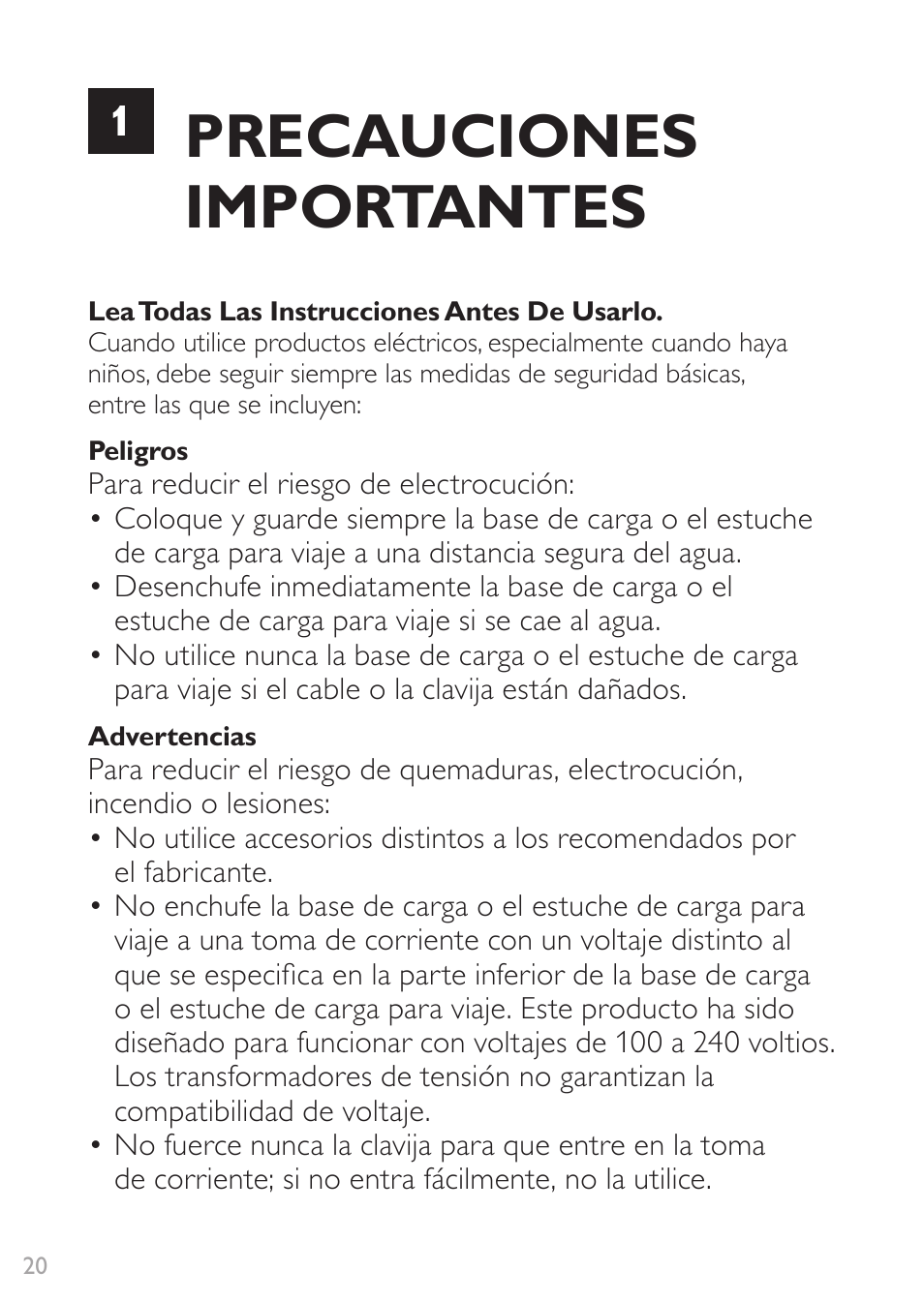 Precauciones importantes | Philips Sonicare DiamondClean Rechargeable sonic toothbrush HX9352-04 5 modes 2 brush heads Glass charger travel case Limited Black Edition User Manual | Page 20 / 52