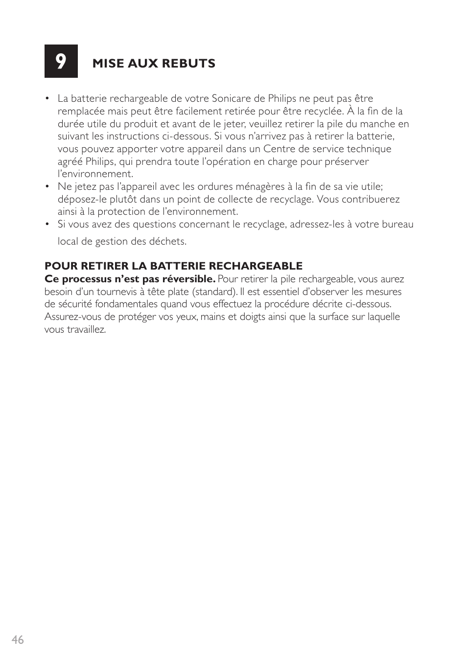 Mise aux rebuts | Philips Sonicare DiamondClean Rechargeable sonic toothbrush HX9352-04 5 modes 2 brush heads Glass charger travel case Limited Black Edition User Manual | Page 46 / 52