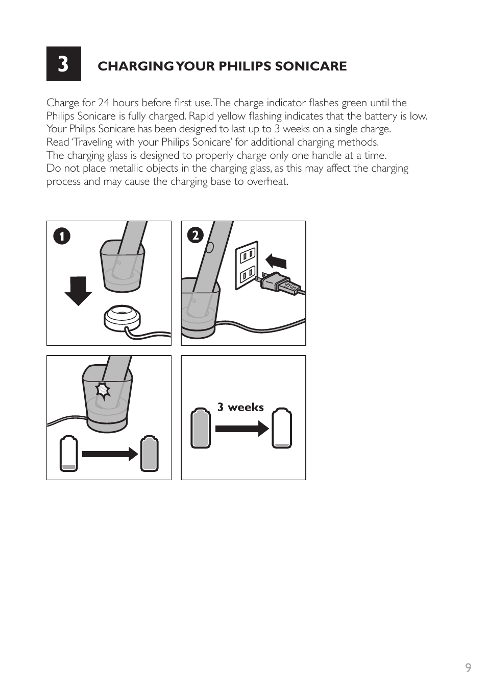 Charging your philips sonicare | Philips Sonicare DiamondClean Rechargeable sonic toothbrush HX9352-04 5 modes 2 brush heads Glass charger travel case Limited Black Edition User Manual | Page 9 / 52