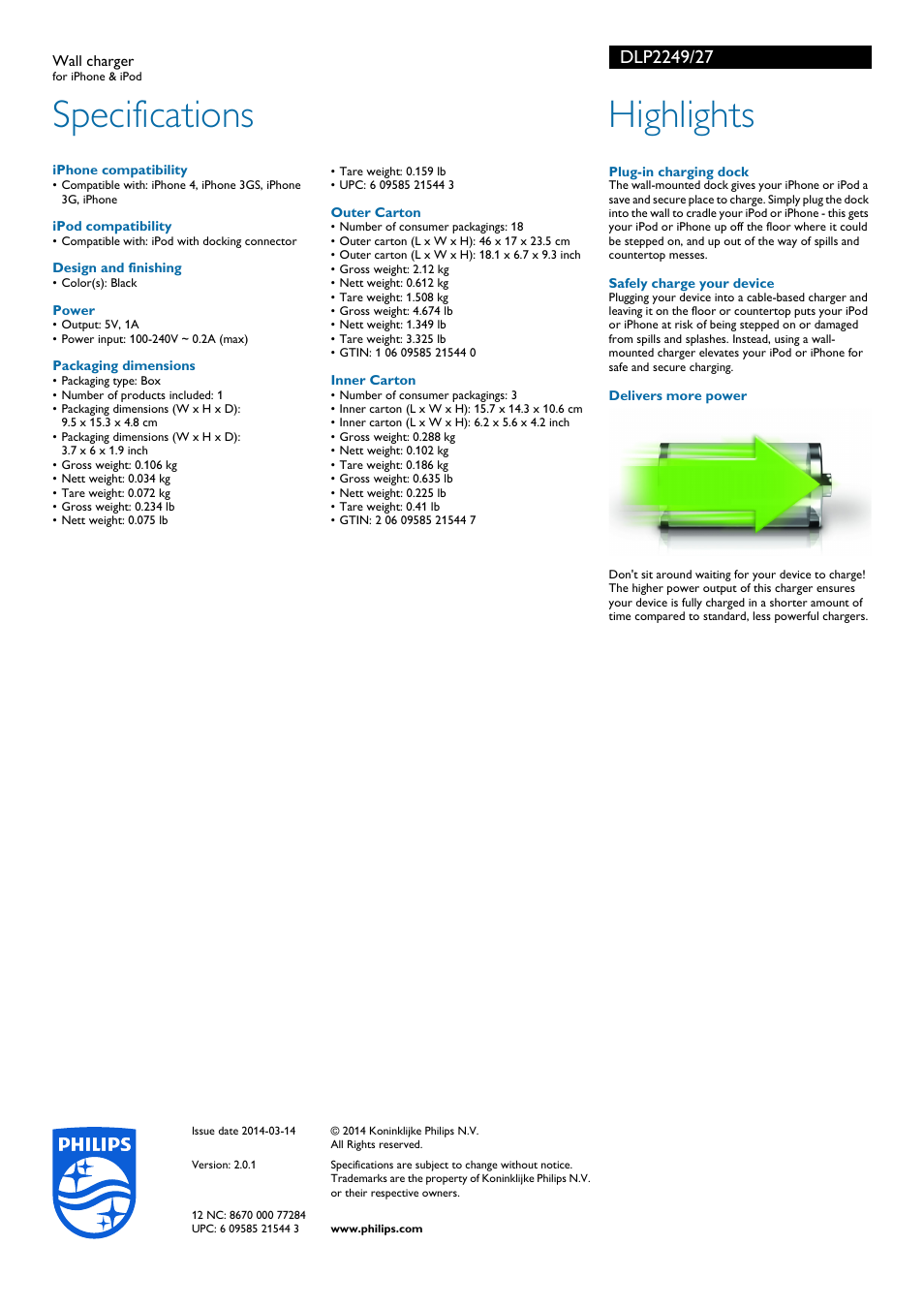 Specifications, Highlights | Philips DLP2249-27 User Manual | Page 2 / 2