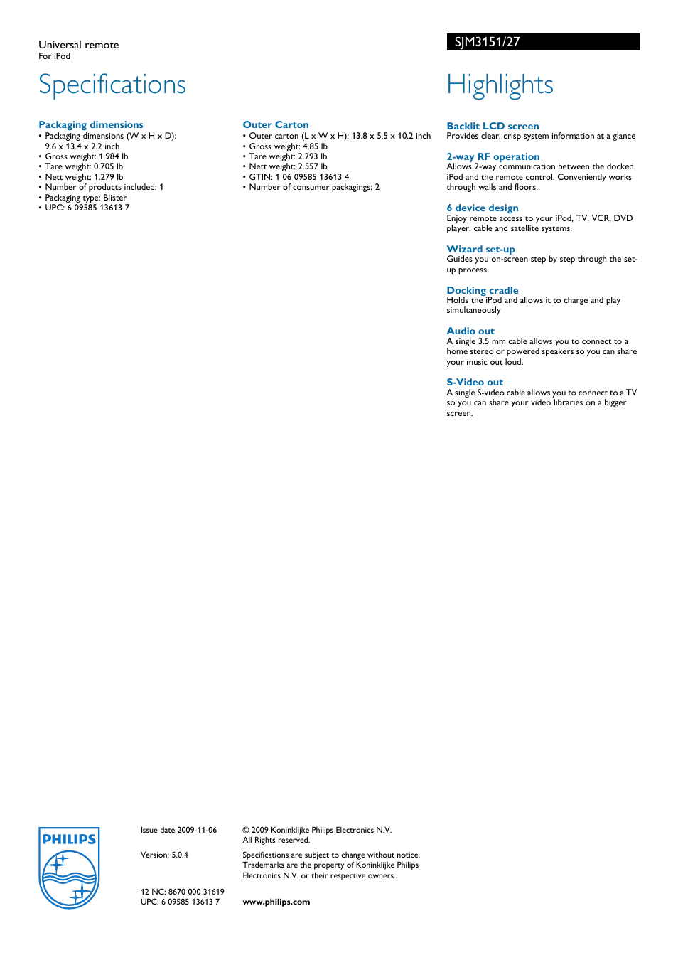 Specifications, Highlights | Philips SJM3151-27 User Manual | Page 2 / 2