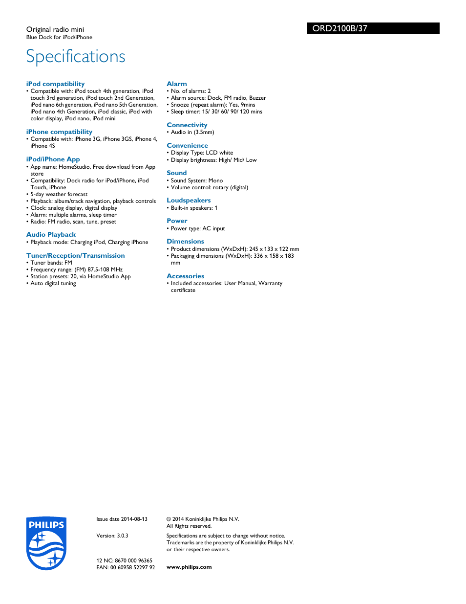 Specifications | Philips ORD2100B-37 User Manual | Page 3 / 3