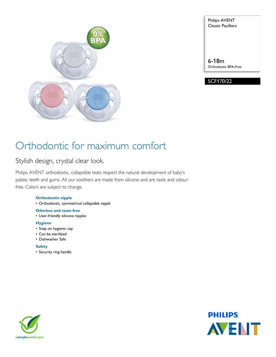 Philips AVENT Classic Pacifiers SCF170-22 6-18m Orthodontic BPA-Free User Manual | 2 pages