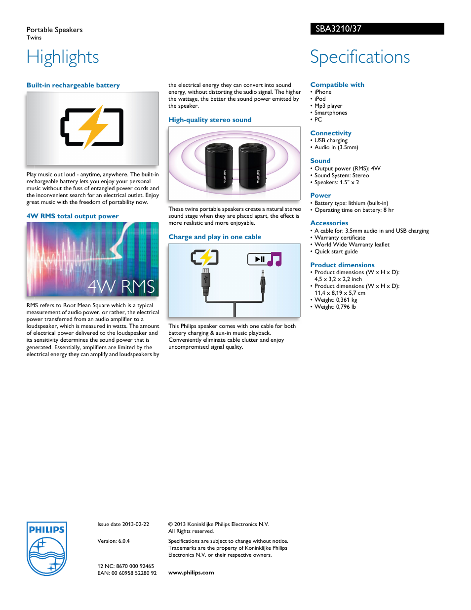 Highlights, Specifications | Philips SBA3210-37 User Manual | Page 2 / 2