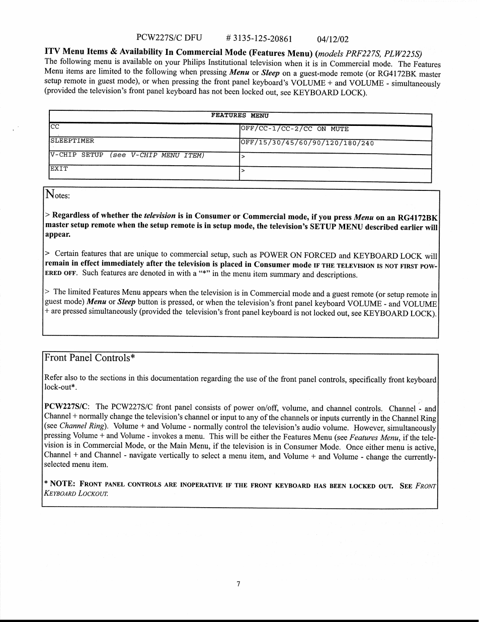 Front panel controls | Philips 27" WIDE HOTEL-MOTEL A-V SMART CARD User Manual | Page 7 / 18