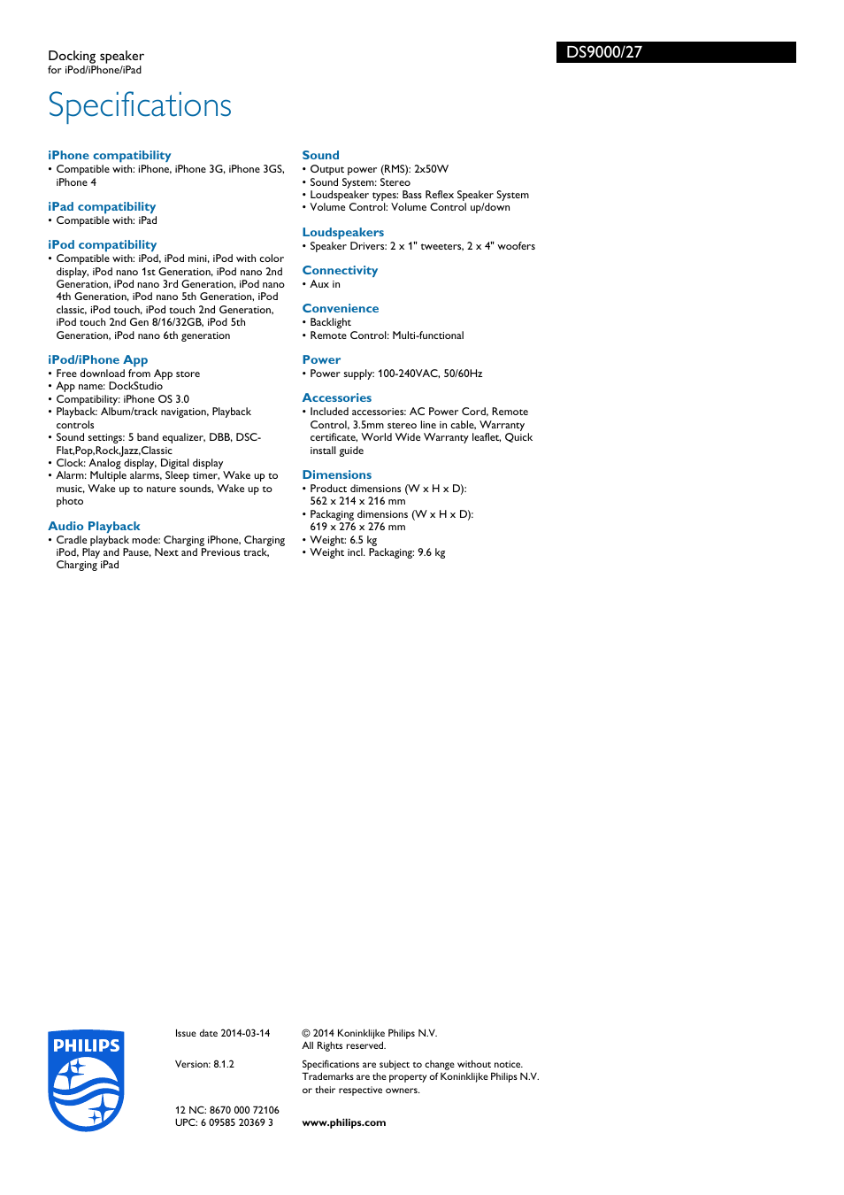 Specifications | Philips DS9000-27 User Manual | Page 3 / 3