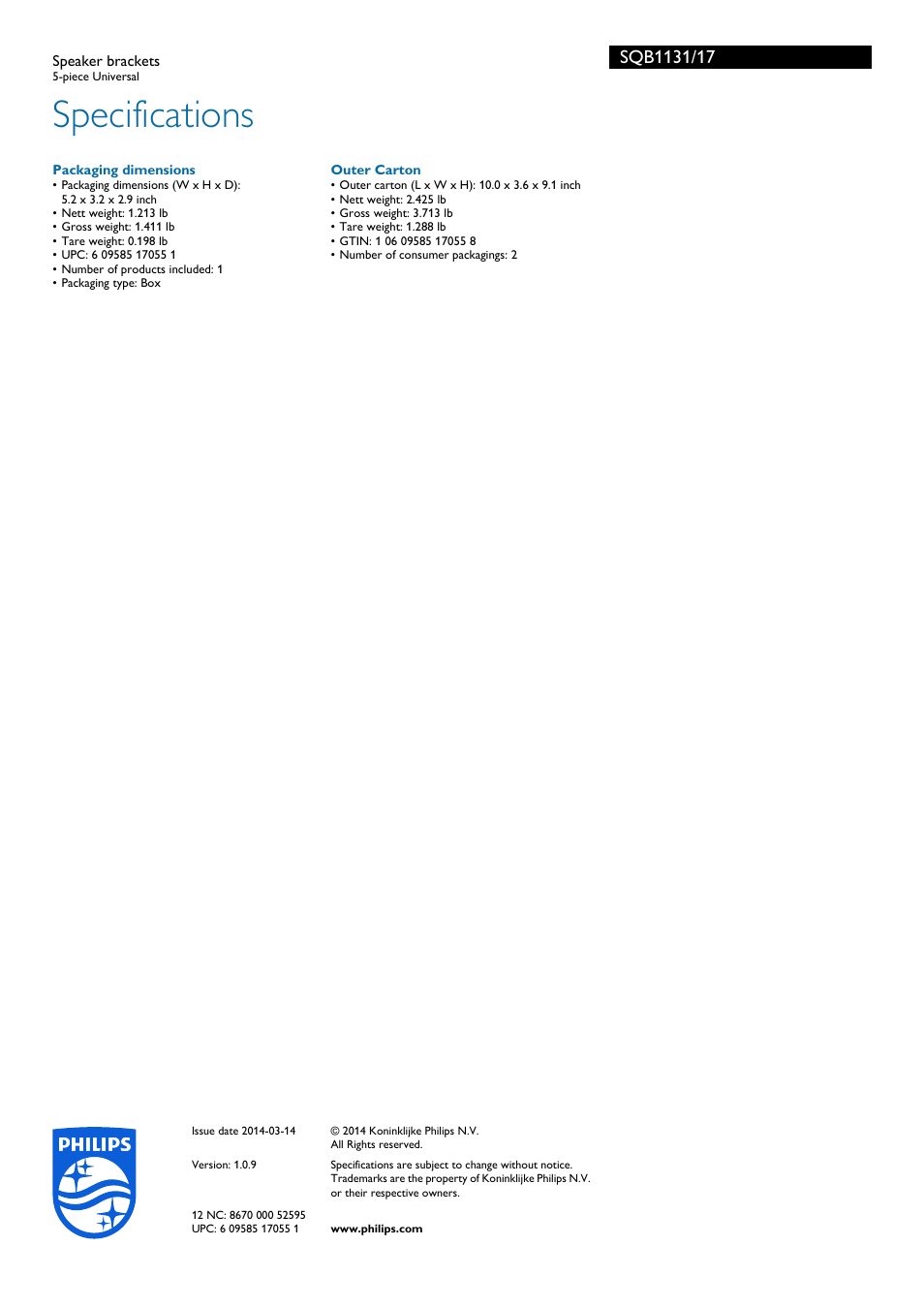 Specifications | Philips SQB1131-17 User Manual | Page 2 / 2