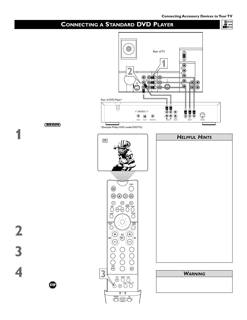 Dvd p, Onnecting a, Tandard | Layer, Elpful, Ints, Arning, Connecting accessory devices to your tv | Philips 46PP9352 User Manual | Page 11 / 68