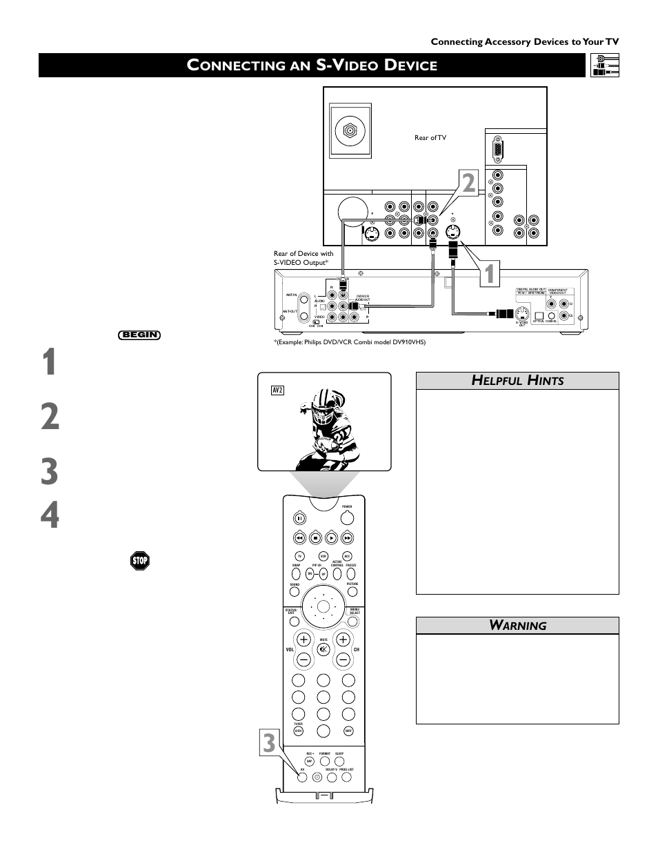 Onnecting an, Ideo, Evice | Elpful, Ints, Arning, Connecting accessory devices to your tv | Philips 46PP9352 User Manual | Page 13 / 68