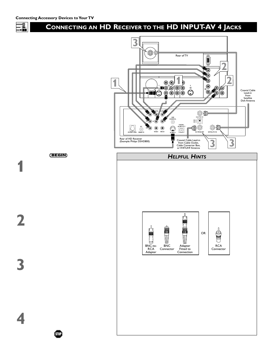 Hd r, Hd input-av 4 j, Onnecting an | Eceiver to the, Acks, Elpful, Ints | Philips 46PP9352 User Manual | Page 14 / 68