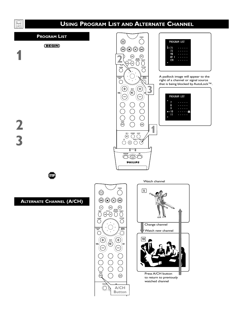 A/ch), Sing, Rogram | Ist and, Lternate, Hannel, A/ch button | Philips 46PP9352 User Manual | Page 28 / 68
