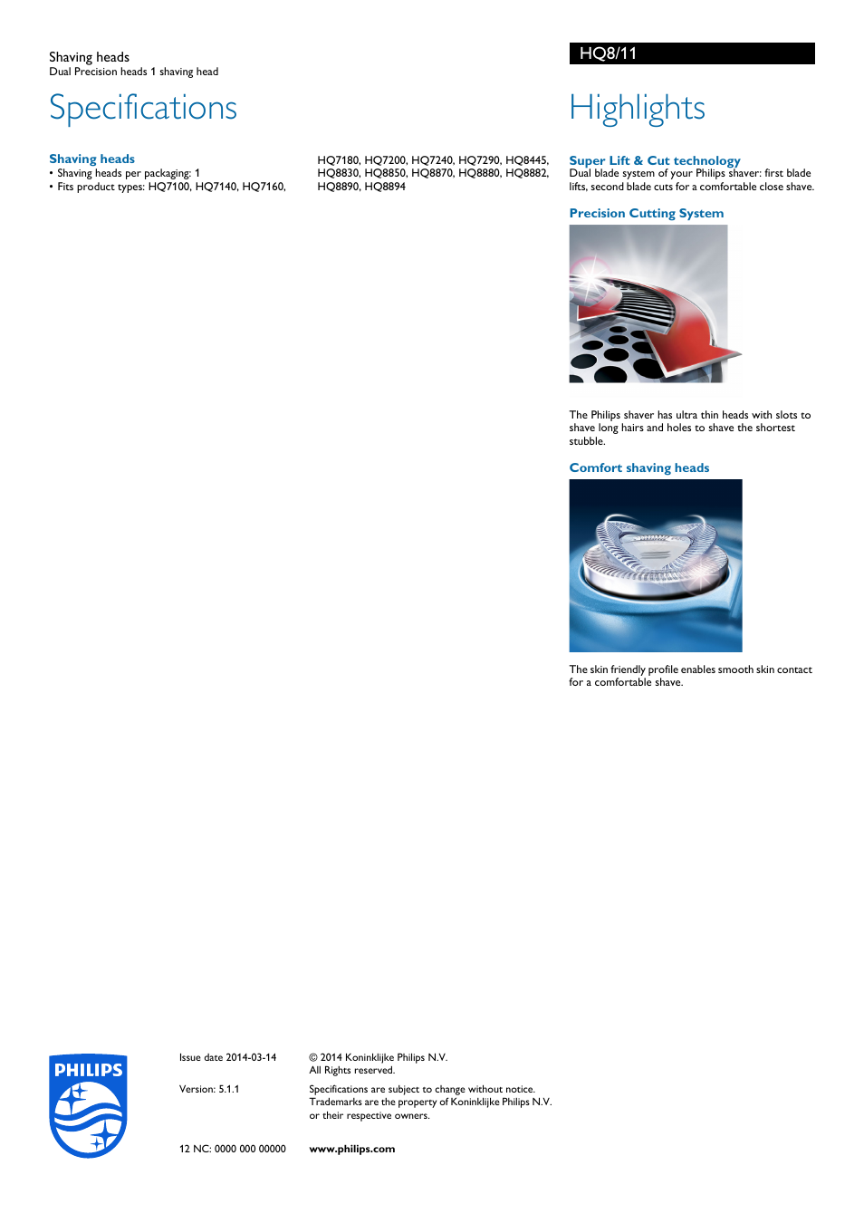 Specifications, Highlights, Hq8/11 | Philips HQ8-11 User Manual | Page 2 / 2