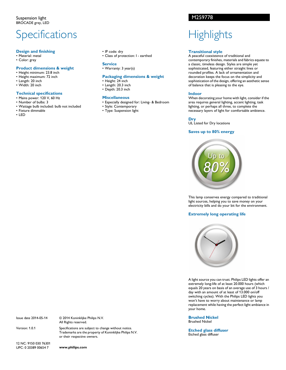 Specifications, Highlights | Philips M259778 User Manual | Page 2 / 2