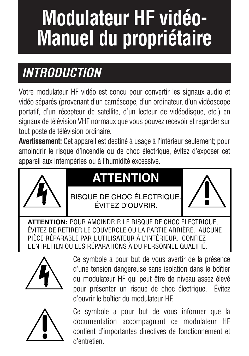 Modulateur hf vidéo- manuel du propriétaire, Introduction, Attention | Philips US2-PH61156 User Manual | Page 15 / 24