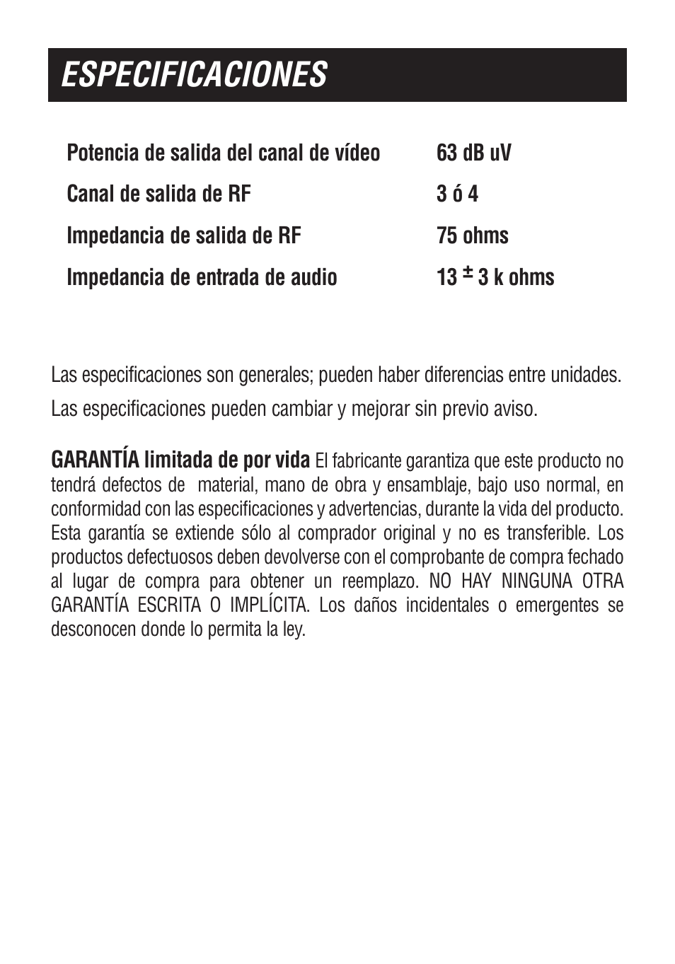 Especificaciones | Philips US2-PH61156 User Manual | Page 20 / 24