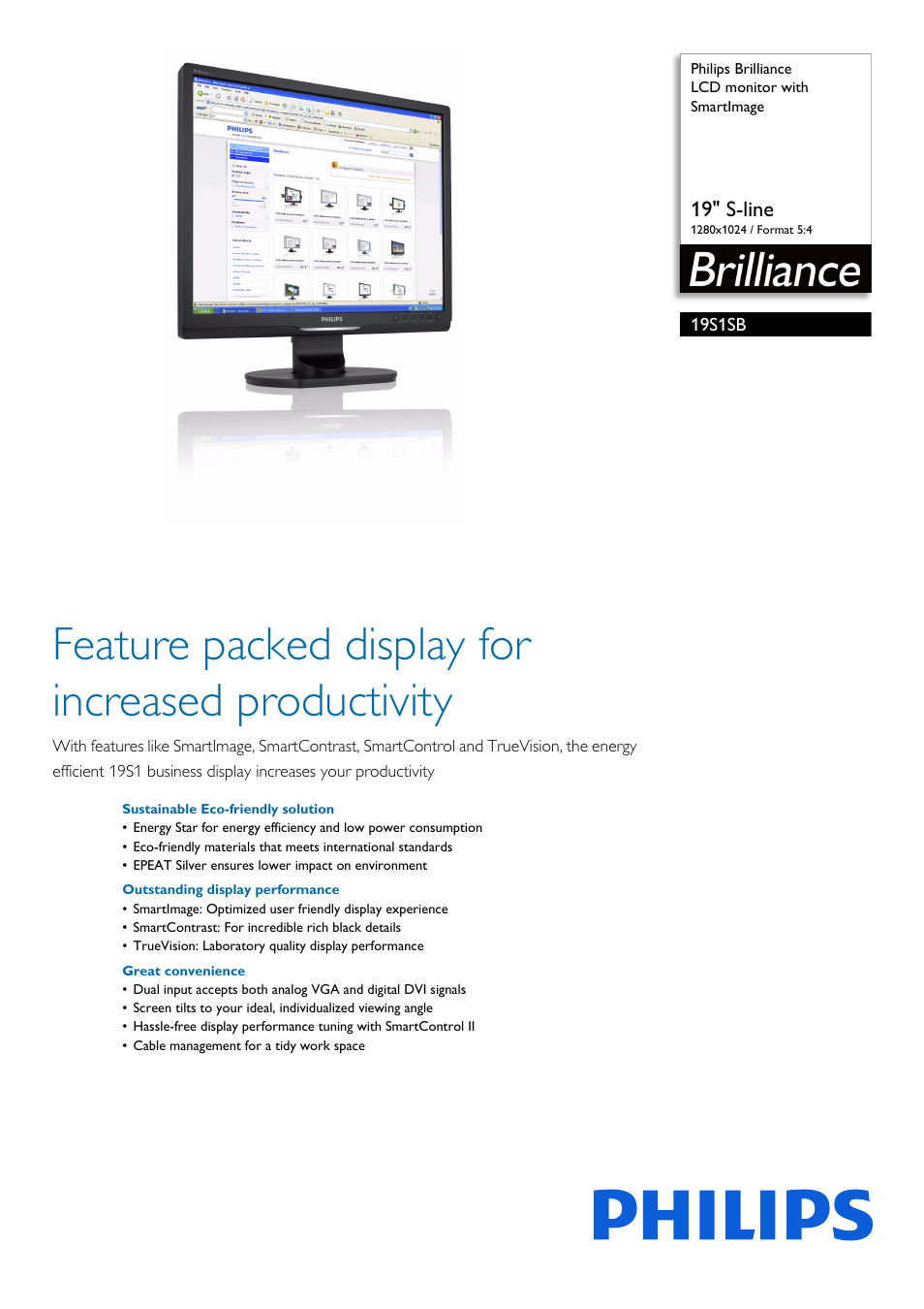 Philips Brilliance LCD monitor with SmartImage 19S1SB 19" S-line 1280x1024 - Format 54 User Manual | 3 pages