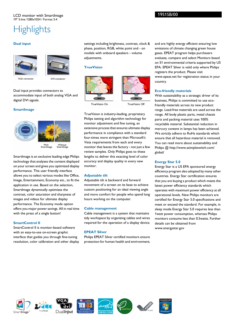 Highlights | Philips Brilliance LCD monitor with SmartImage 19S1SB 19" S-line 1280x1024 - Format 54 User Manual | Page 2 / 3
