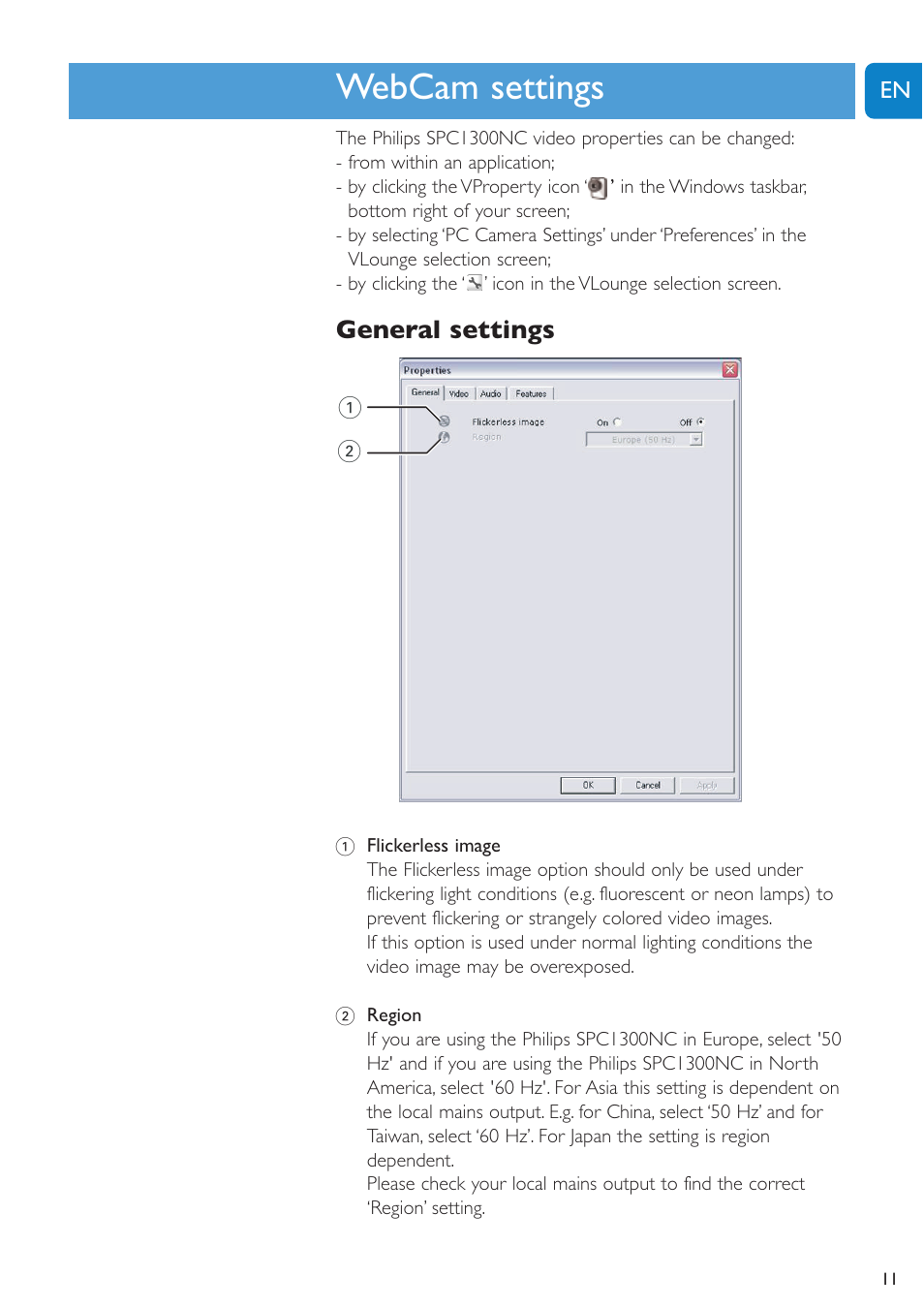 Chapter, Webcam settings, General settings | Philips SPC1300NC-27 User Manual | Page 11 / 28