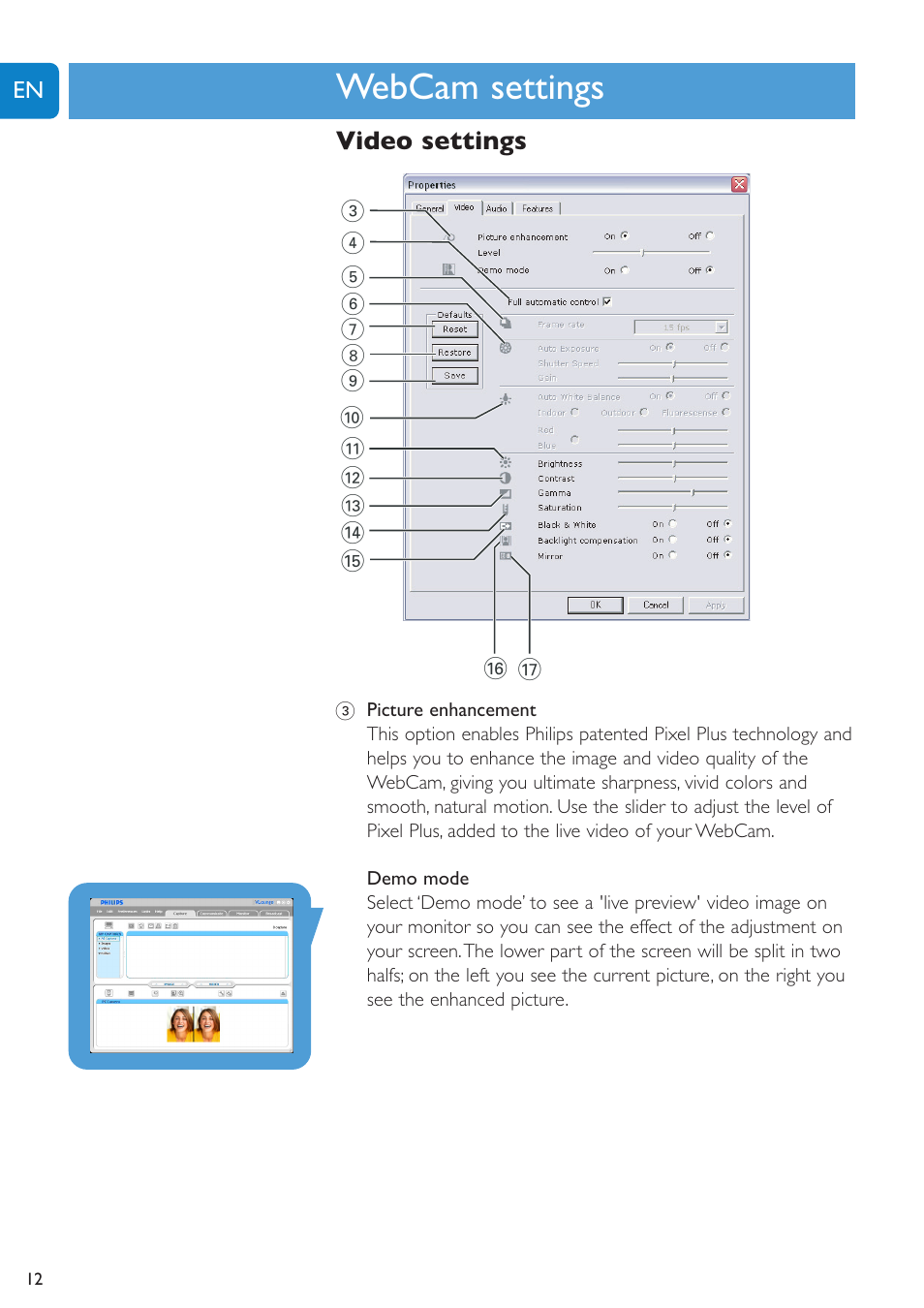 Chapter, Webcam settings | Philips SPC1300NC-27 User Manual | Page 12 / 28