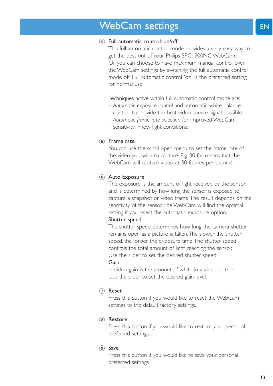 Chapter, Webcam settings | Philips SPC1300NC-27 User Manual | Page 13 / 28