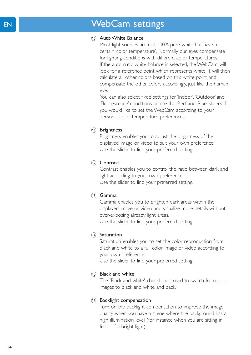 Chapter, Webcam settings | Philips SPC1300NC-27 User Manual | Page 14 / 28