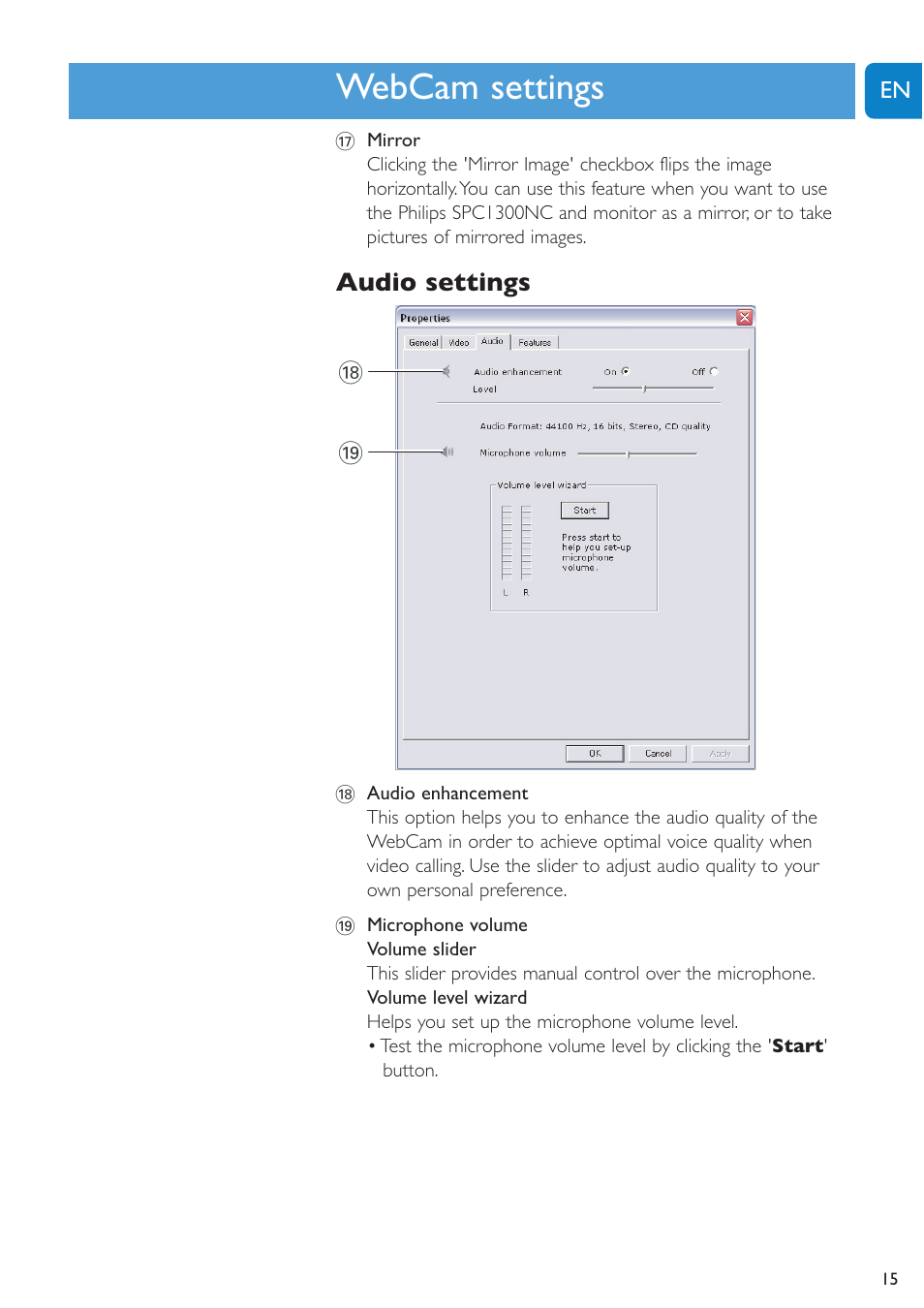 Chapter, Webcam settings | Philips SPC1300NC-27 User Manual | Page 15 / 28