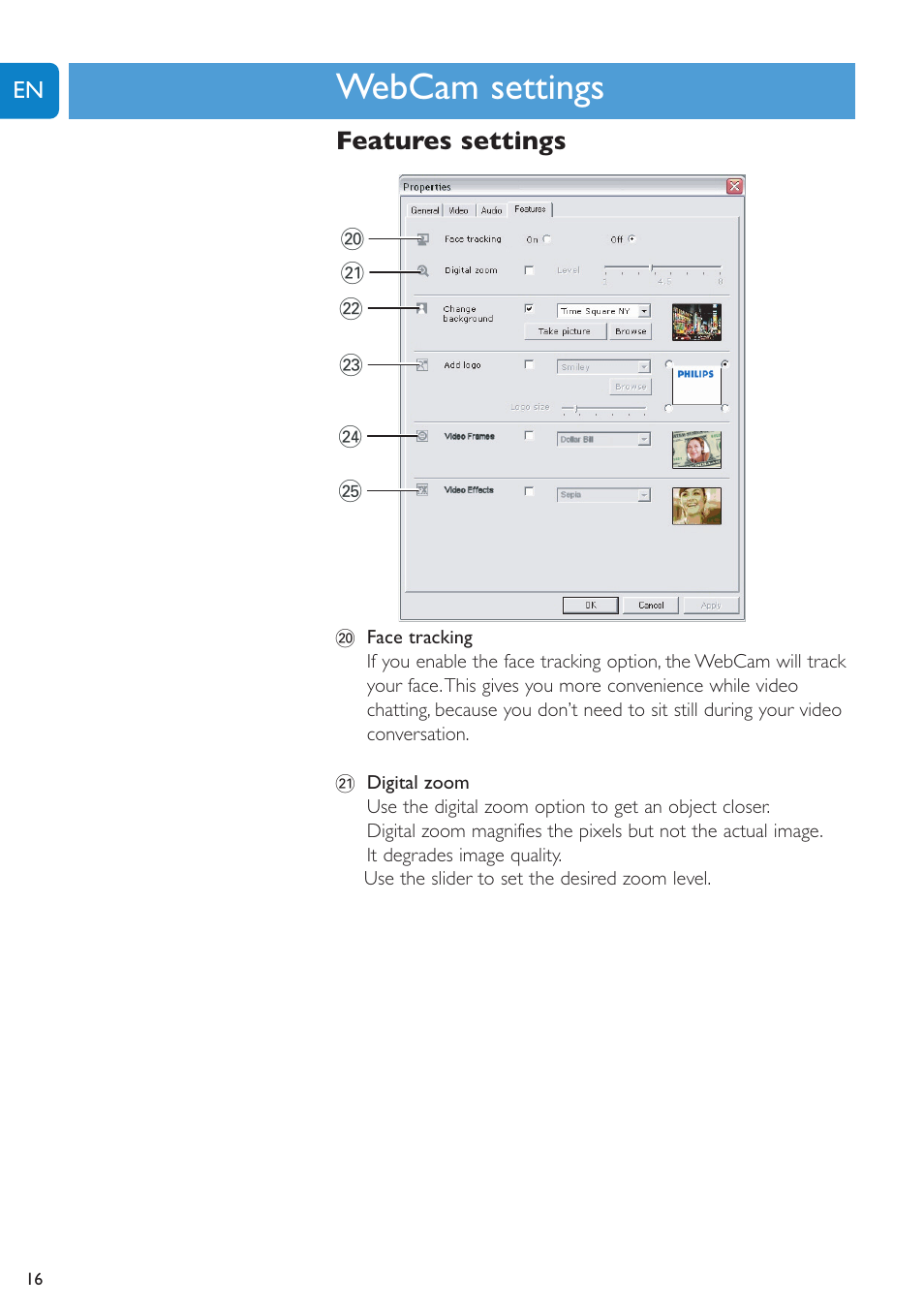 Chapter, Webcam settings | Philips SPC1300NC-27 User Manual | Page 16 / 28