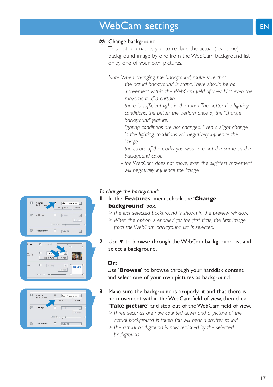 Chapter, Webcam settings | Philips SPC1300NC-27 User Manual | Page 17 / 28