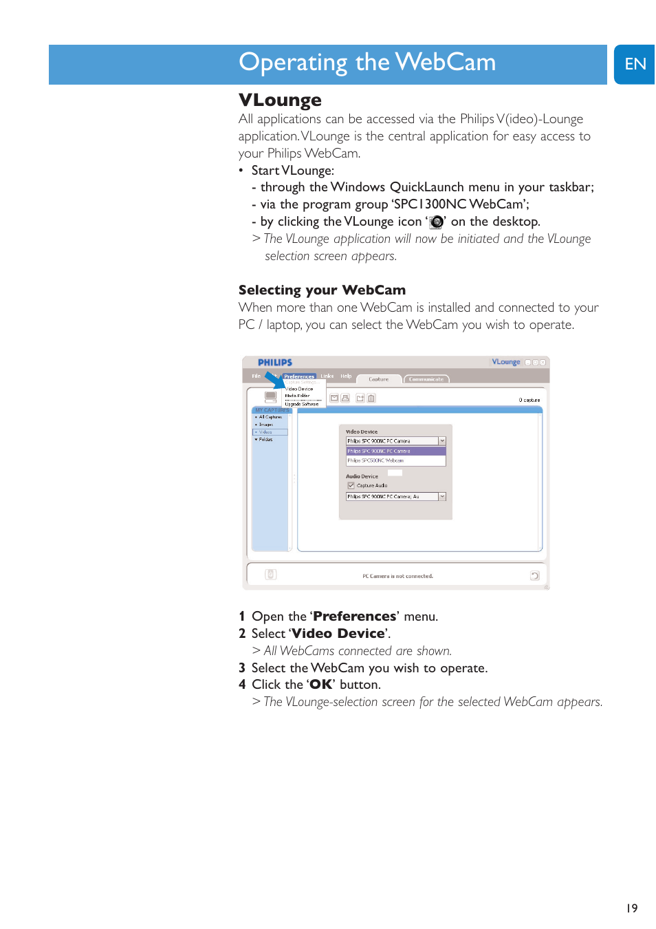 Chapter, Operating the webcam, Vlounge | Philips SPC1300NC-27 User Manual | Page 19 / 28