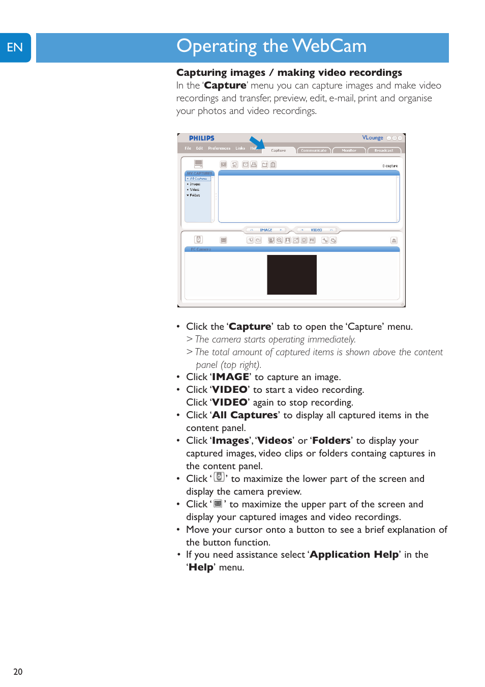 Chapter, Operating the webcam | Philips SPC1300NC-27 User Manual | Page 20 / 28