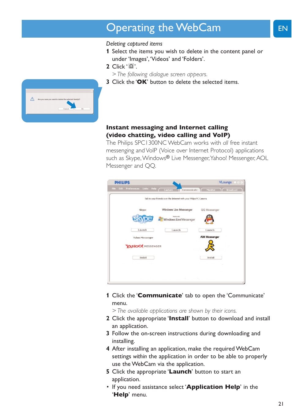 Chapter, Operating the webcam | Philips SPC1300NC-27 User Manual | Page 21 / 28