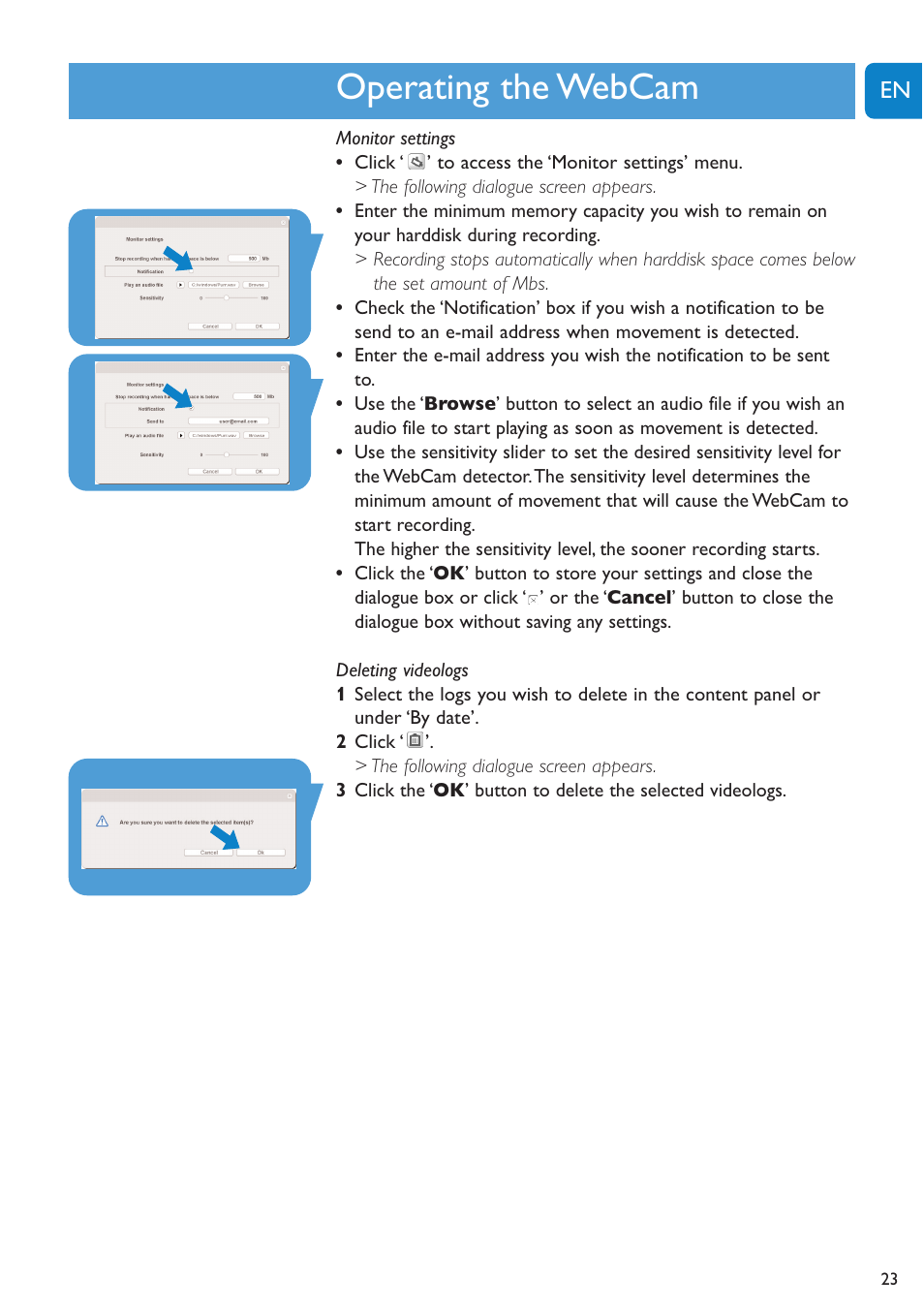 Chapter, Operating the webcam | Philips SPC1300NC-27 User Manual | Page 23 / 28